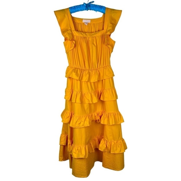 RACHEL PARCELL COTTON POPLIN FLUTTER SLEEVE RUFFLE TIER AMBER YELLOW MIDI DRESS - Picture 2 of 11